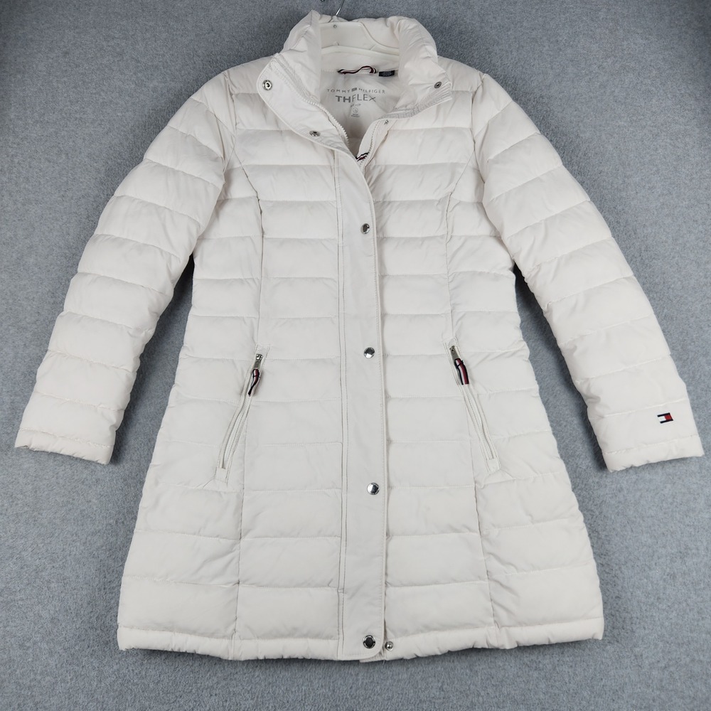 Tommy Hilfiger THFlex Puffer Coat Womens S Beige Water Resistant Quilted Zip Up